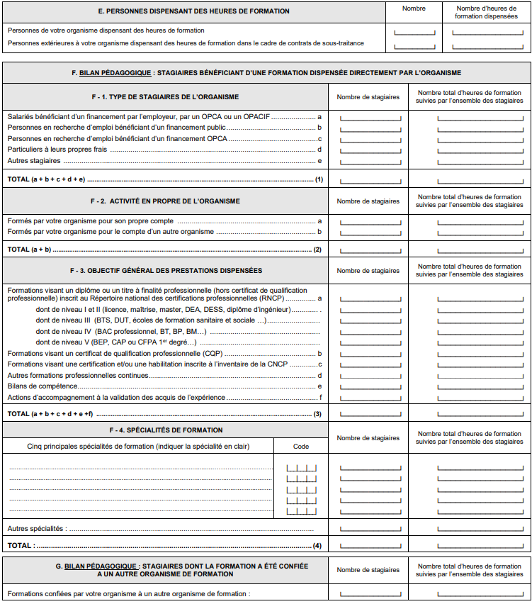 Cadres E, F et G — Formateurs, bilan pédagogique et sous-traitance